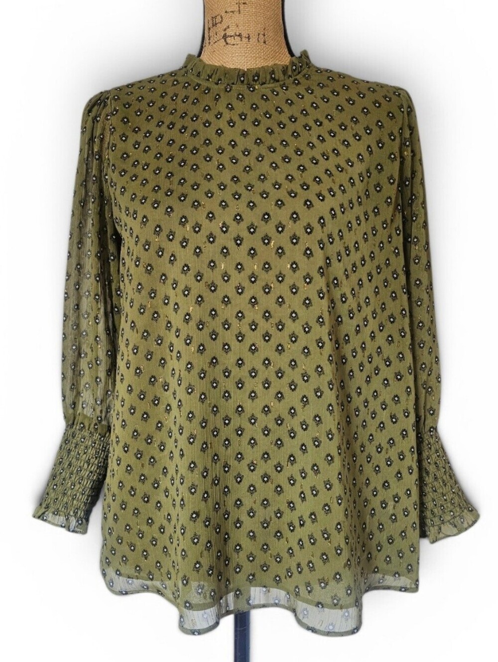 Anthropologie Maison D'Amelie Paris Green Floral Metallic Blouse Boho, Size M